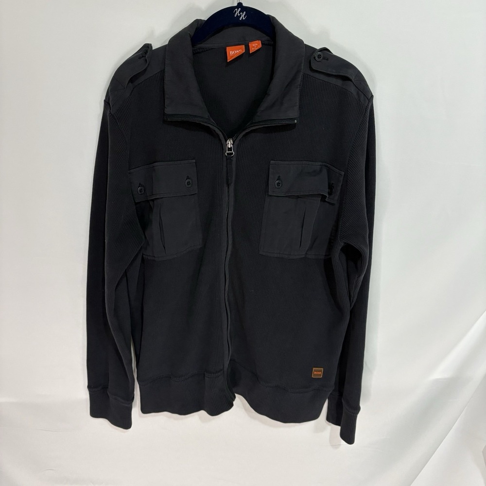 Boss Hugo Boss Mens Casual Zip Up Jacket Large Grey Cotton Knit Bomber